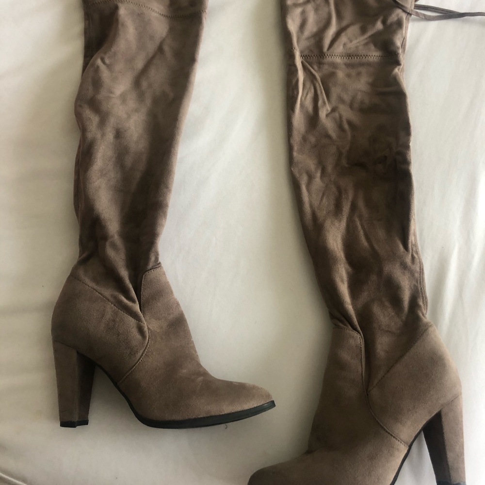 Taupe suede over the knee heel boots